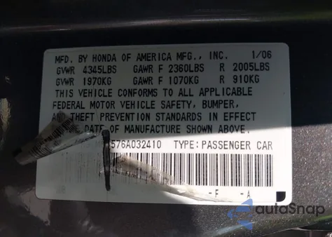 2006 Honda Accord 3.0 Ex z USA, uszkodzony, nr VIN 1HGCM66576A032410
